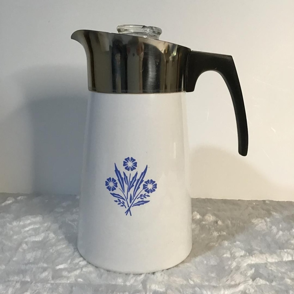 Corningware White Coffee Percolator with Blue Floral Design and Black Handle